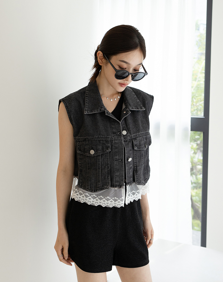 LACE HEM DENIM VEST