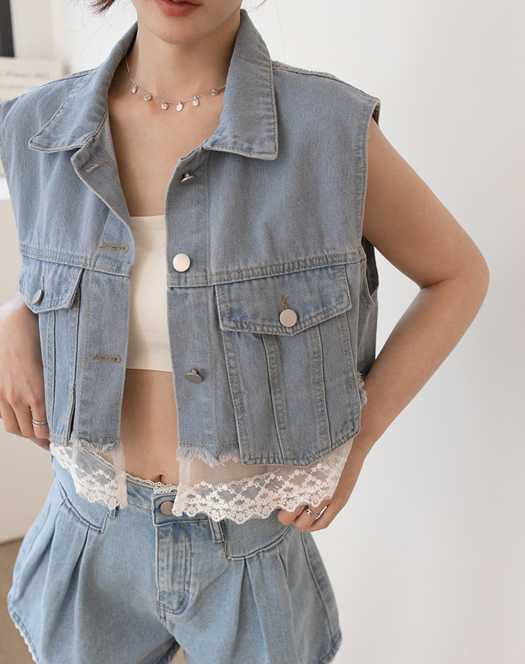 LACE HEM DENIM VEST