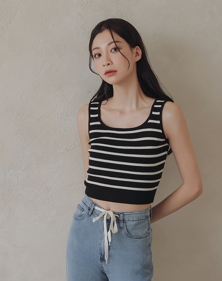 SQUARE COLLAR STRIPES RIBBED KNIT CAMI TOP