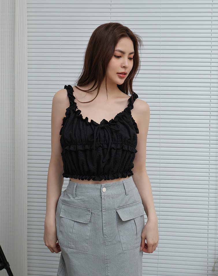 WRINKLED TEXTURED RUFFLE TIE-STRAP TANK TOP