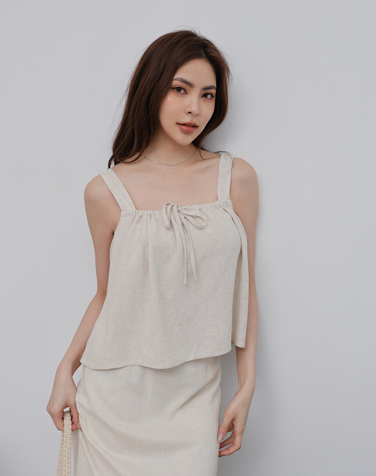 COTTON-LINEN TEXTURE RUCHED FLARED HEM TANK TOP