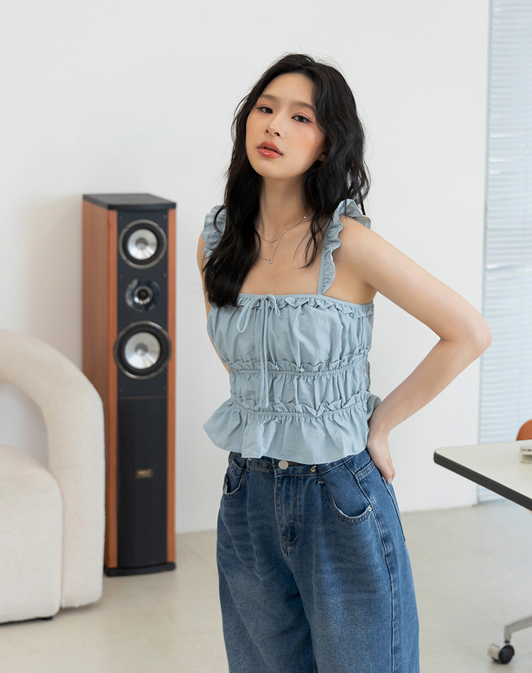 LAYERED SMOCKED RUFFLE TIE-STRAP TANK TOP