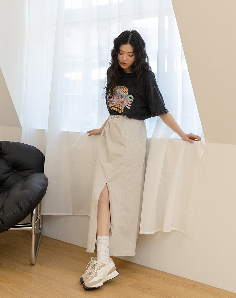 VINTAGE DRAWSTRING WAIST WORKWEAR MAXI SKIRT