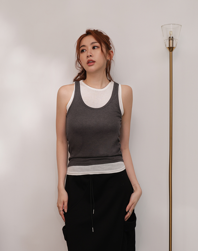 CHIC TWO-PIECE STYLE CONTRAST RIBBED VEST