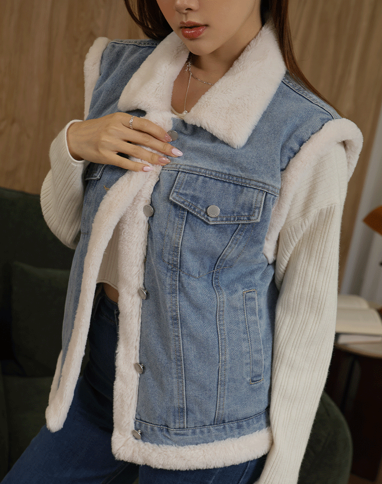 CREAMY FLEECE DENIM VEST