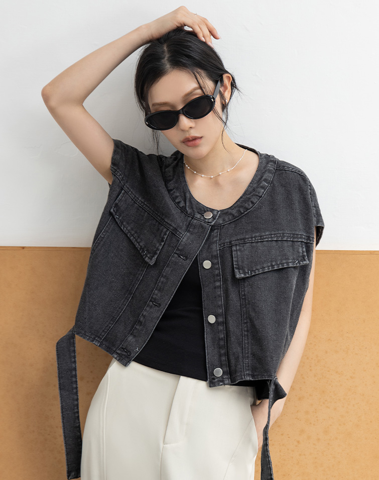 VINTAGE STREET WASHED CROPPED DENIM VEST