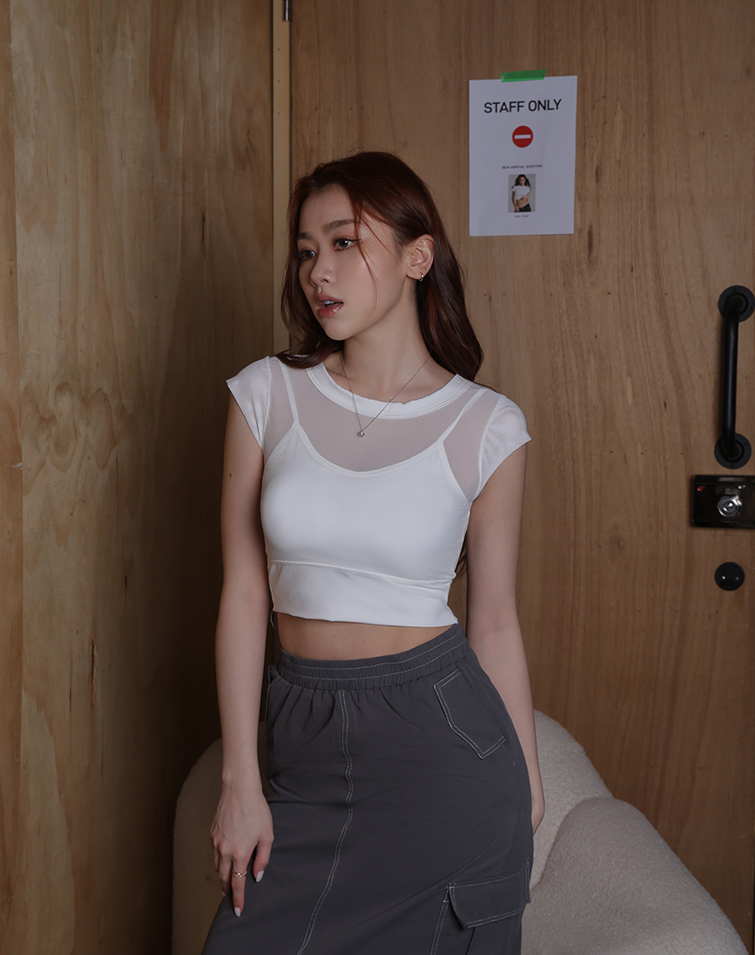 FAUX TWO-PIECE SHEER SHORT-SLEEVE BRA TOP