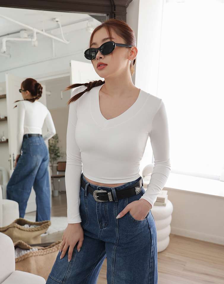 SIMPLE V-NECK BRA TOP LONG SLEEVE SHIRT