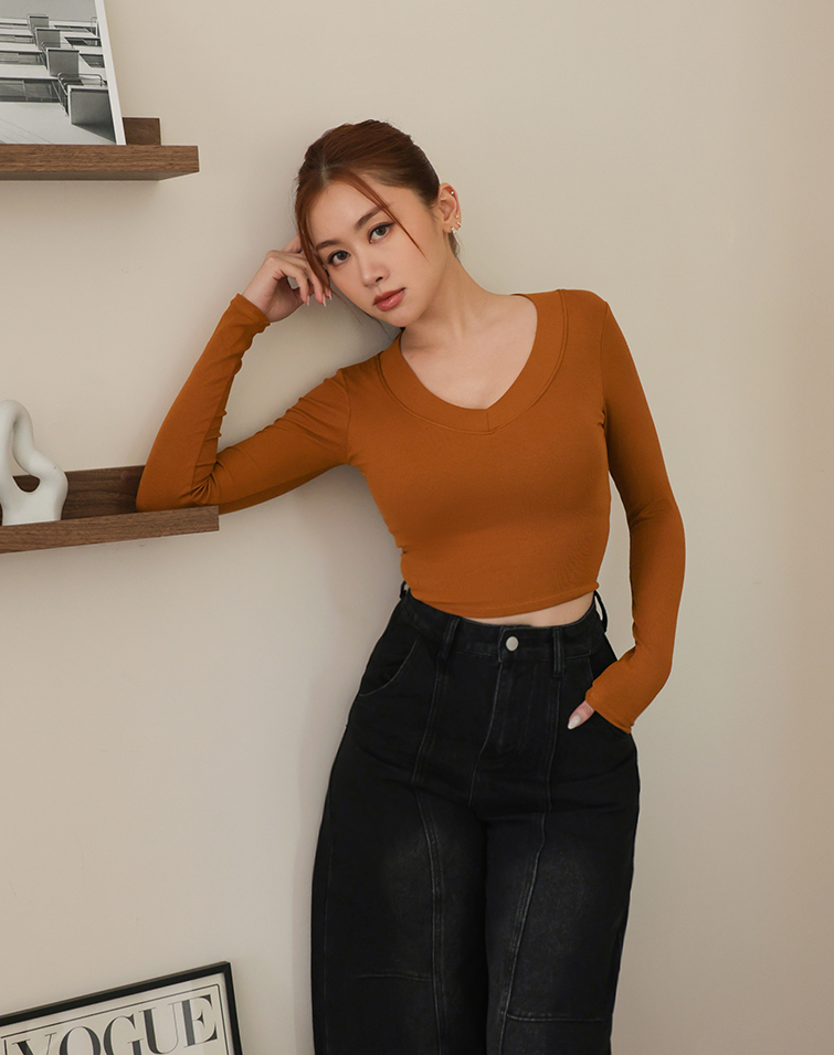 SIMPLE V-NECK BRA TOP LONG SLEEVE SHIRT