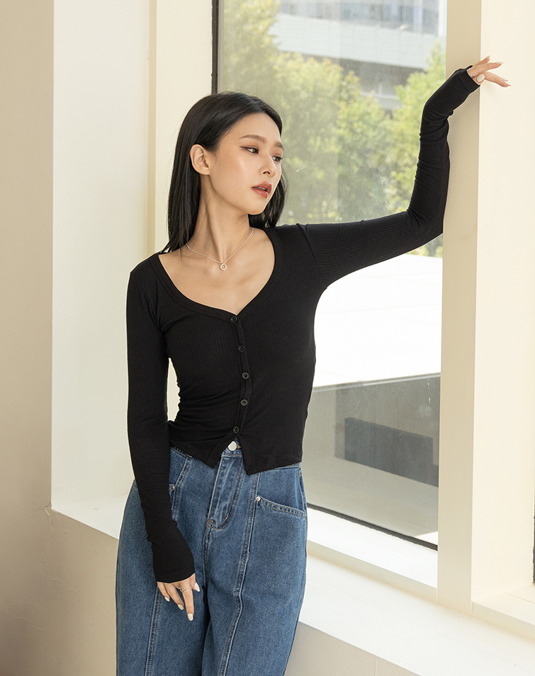 V-NECK RIBBED KNIT BRA TOP