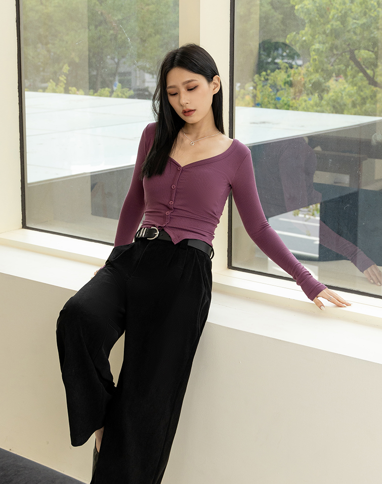 V-NECK RIBBED KNIT BRA TOP