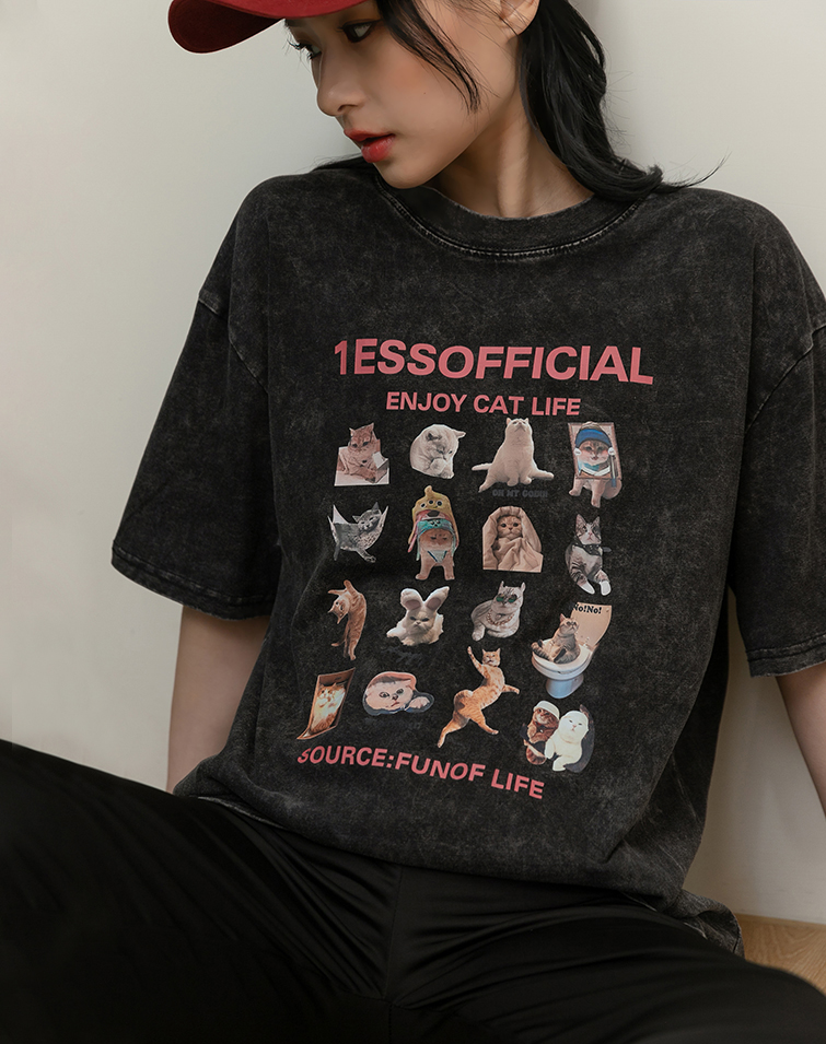 MEME CAT FADED WASH T-SHIRT