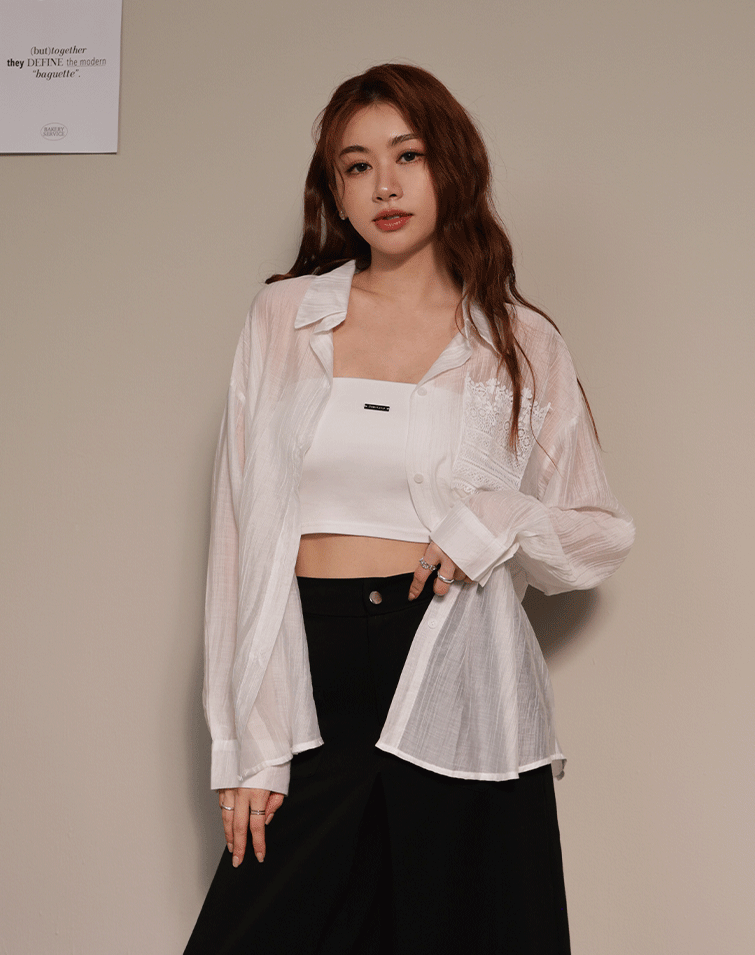 BACK CUT-OUT LACE SEMI-SHEER SHIRT