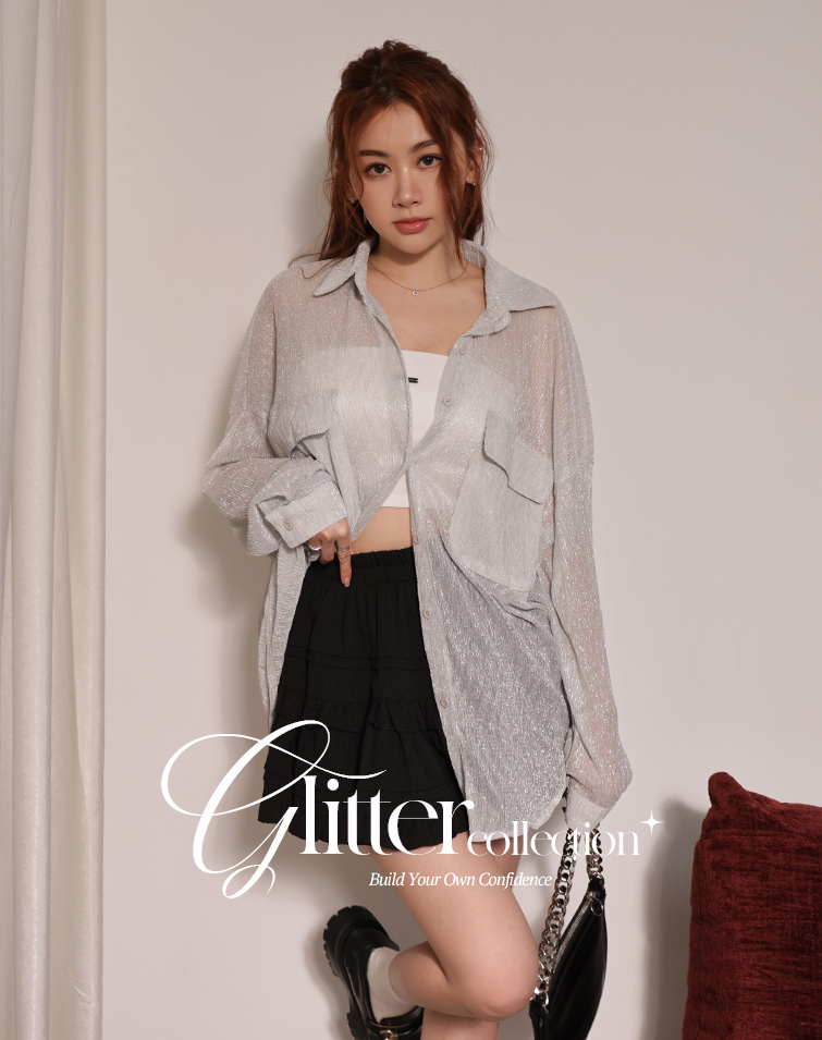 SHIMMERING IRIDESCENT COLLARED LONG-SLEEVE BLOUSE