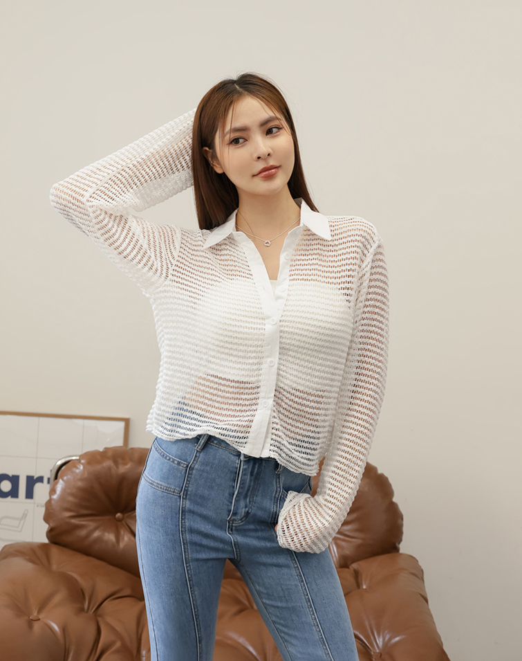 SEMI-SHEER COLLAR LATTICE BLOUSE