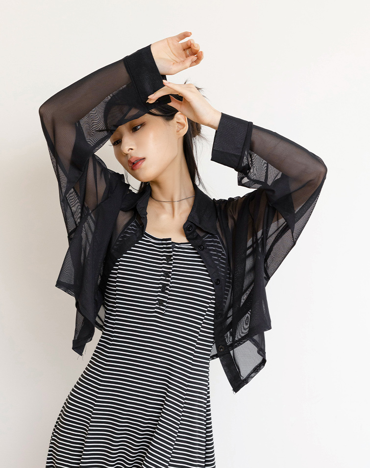 SHEER COLLARED CROP SHIRT