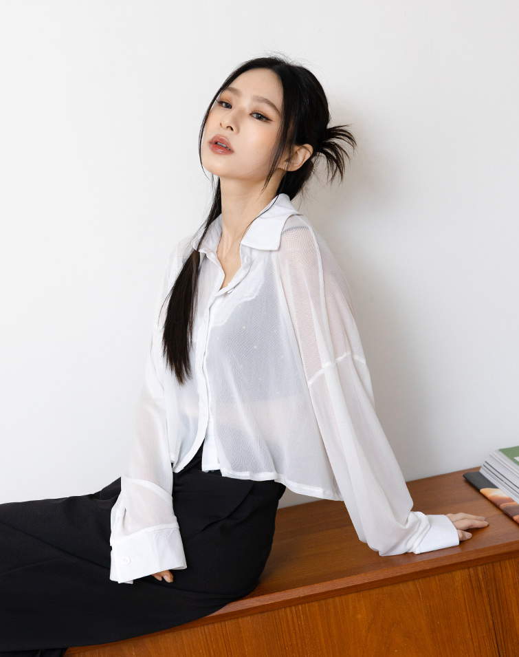 SHEER COLLARED CROP SHIRT