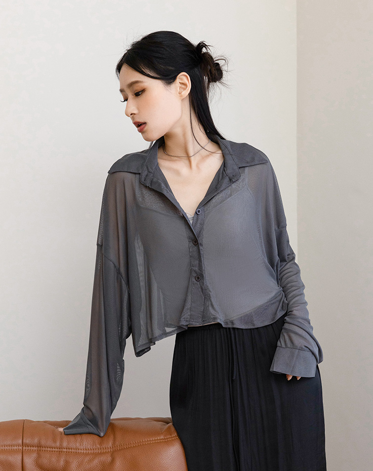SHEER COLLARED CROP SHIRT