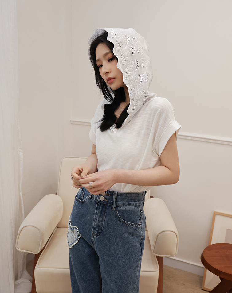 MIT SOLID COLOR LACE EDGE HOODIE