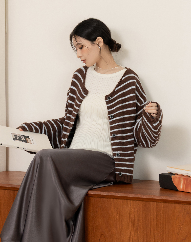 Color-Block Striped Button-Up Knit
