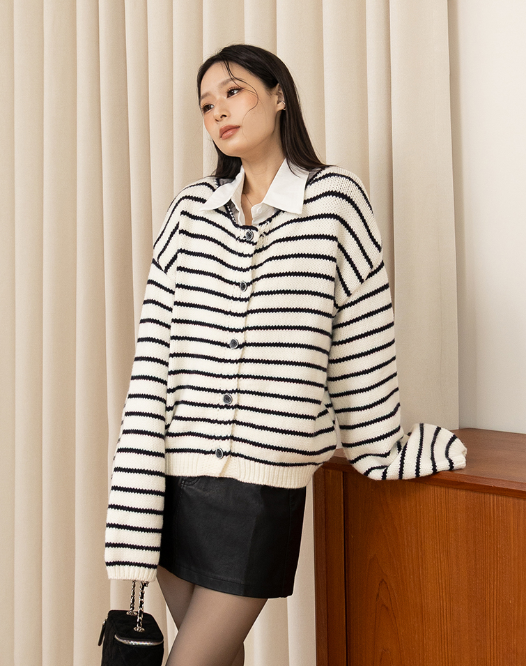 Color-Block Striped Button-Up Knit