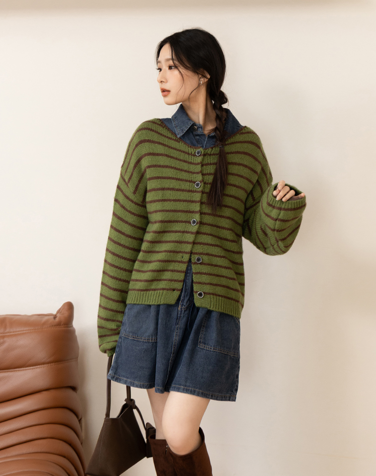 Color-Block Striped Button-Up Knit