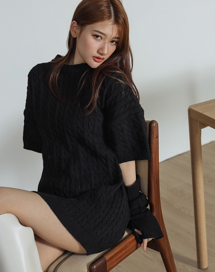 ARM SLEEVES CABLE KNIT DRESS SET