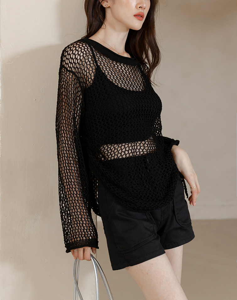 MADE IN KOREA HOLLOW MESH KNIT TOP