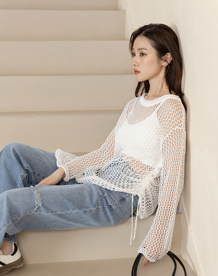 MADE IN KOREA HOLLOW MESH KNIT TOP