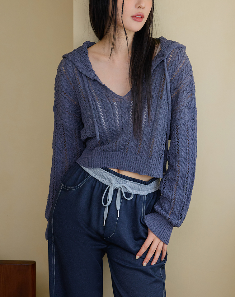 CASUAL V-NECK HOODIE KNIT TOP