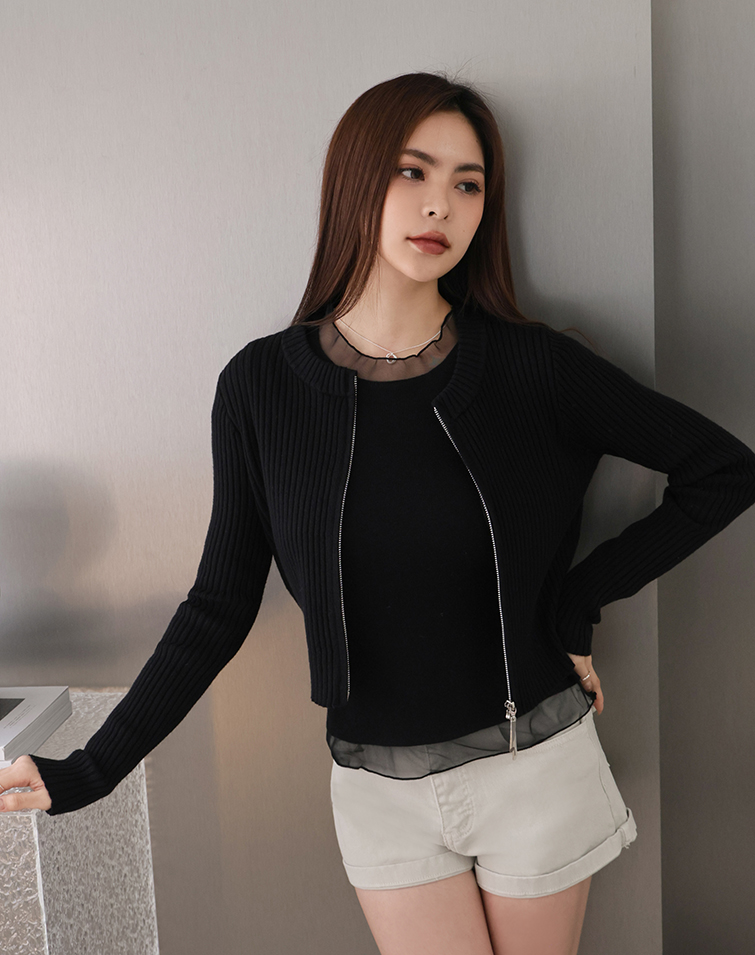 DOUBLE-ZIP RIBBED KNIT TOP