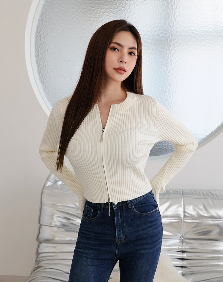 DOUBLE-ZIP RIBBED KNIT TOP