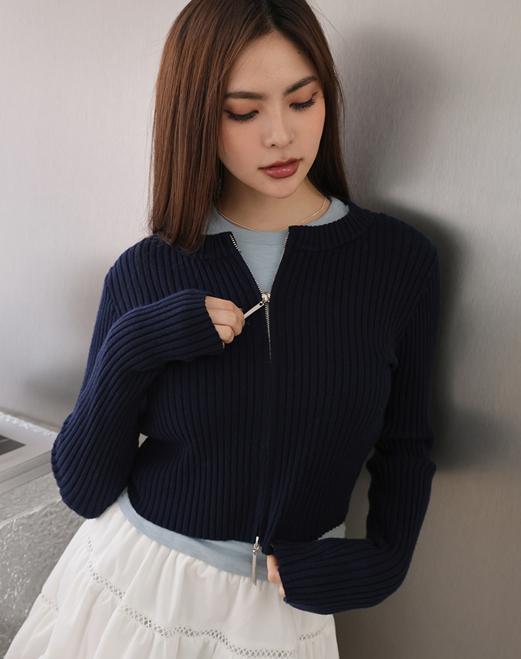 DOUBLE-ZIP RIBBED KNIT TOP