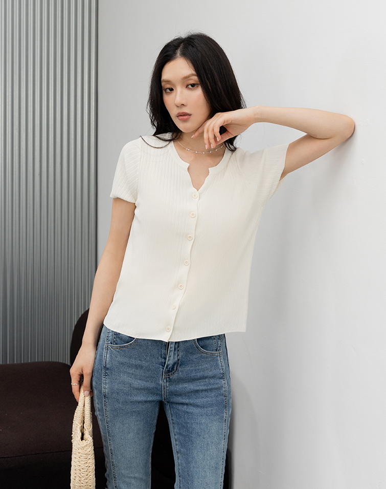 AIRY RIBBED V-NECK TEE