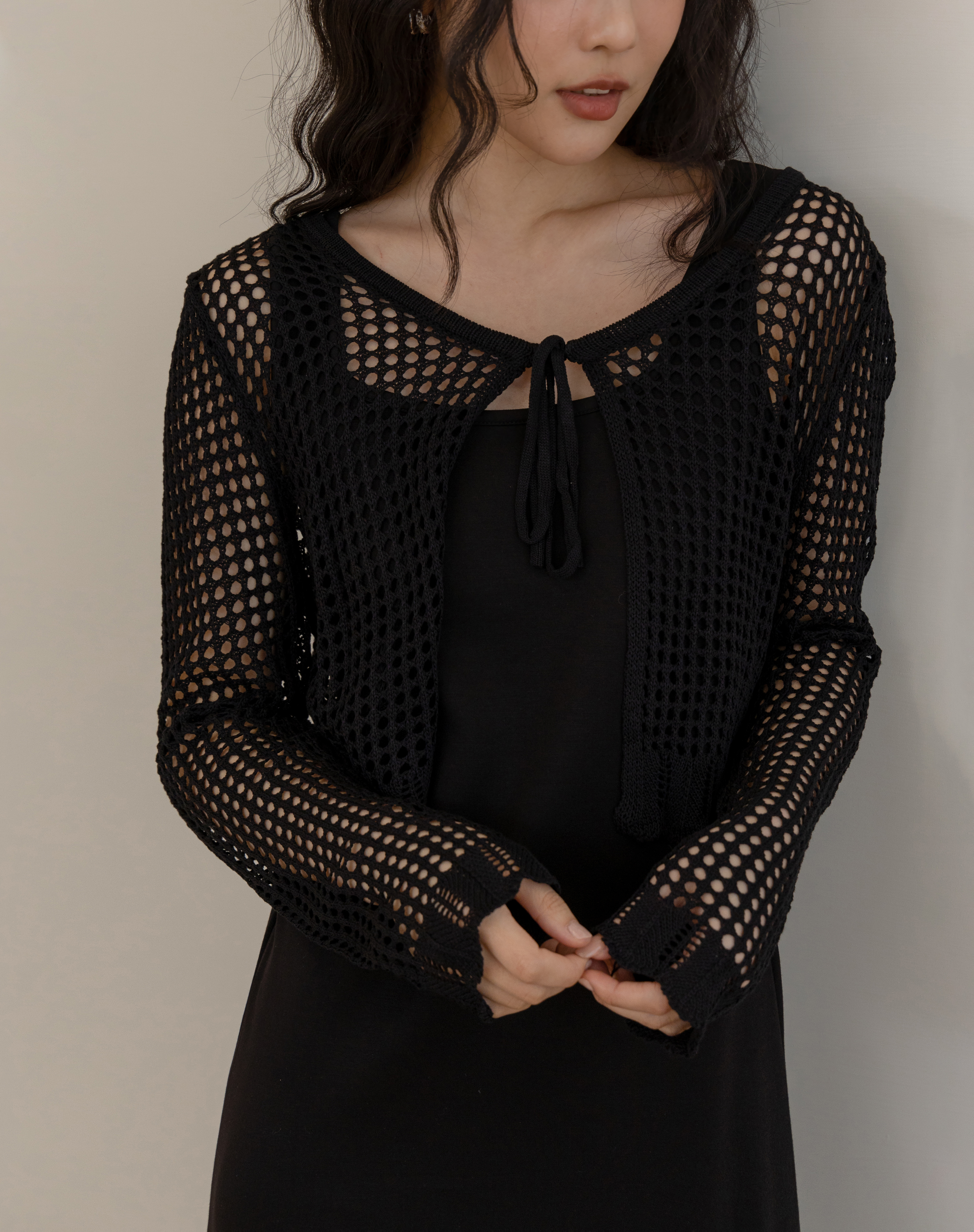 CLASSIC EYELET KNIT TIE DETAIL LONG SLEEVE BLOUSE
