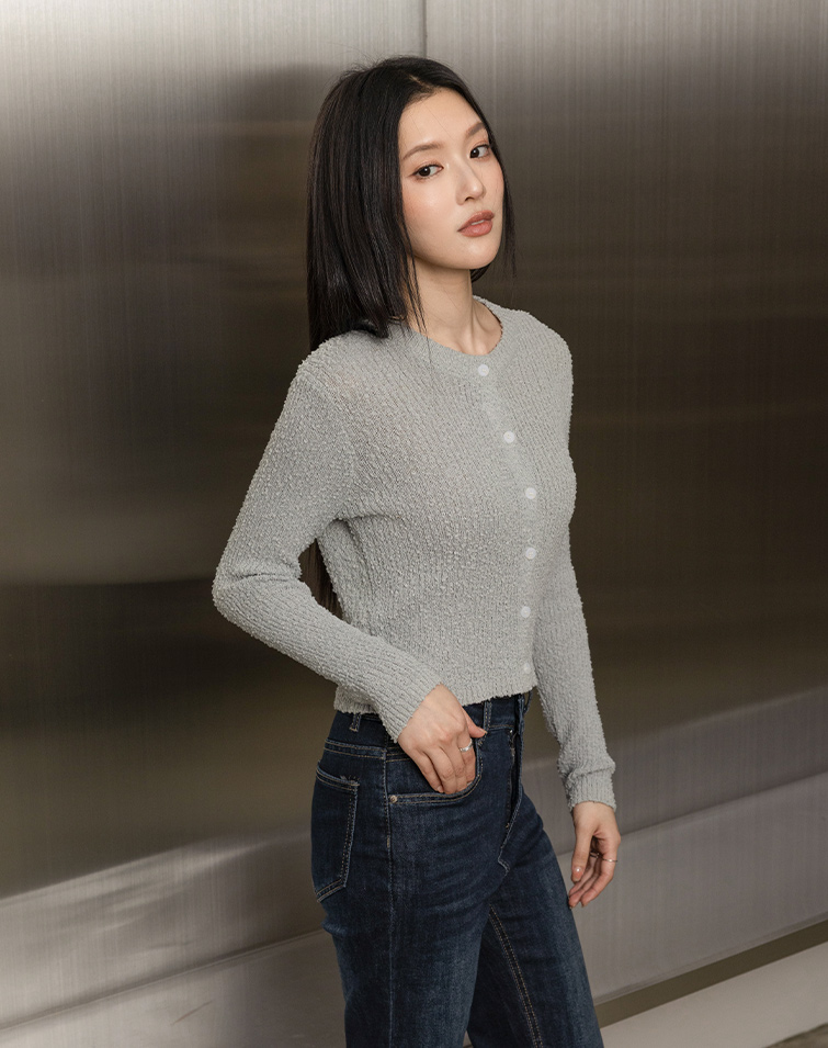 BOUCLE-YARN BUTTONED CARDIGAN