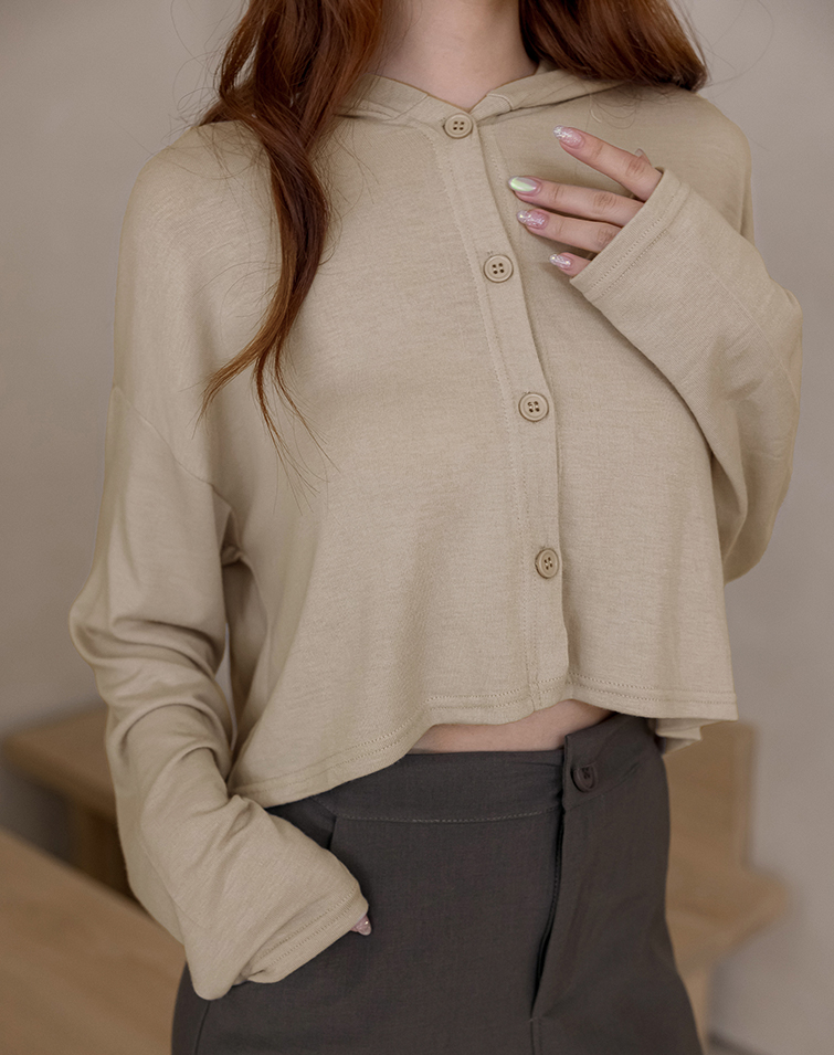 MIT LIGHT KNIT STRETCHY HOODED BUTTON CARDIGAN