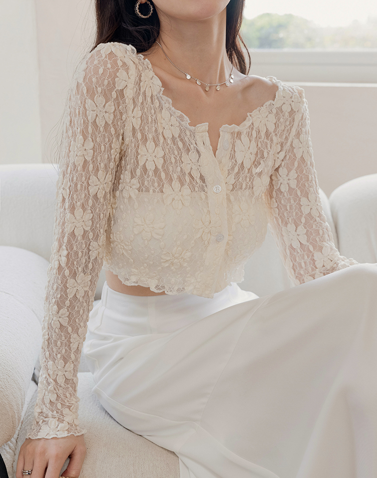 GRACEFUL ROUND NECK BUTTON LACE CARDIGAN
