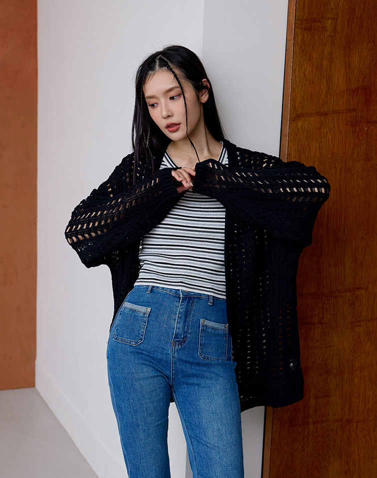 ELEGANT HOLED KNIT LONG-SLEEVE COVER-UP
