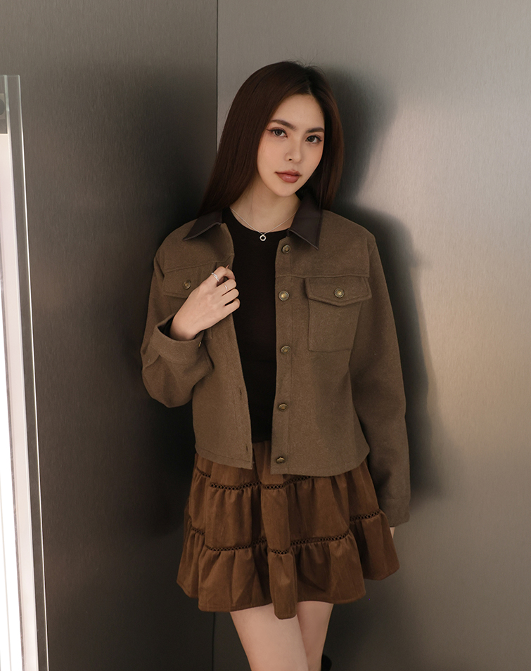 WOOL-BLEND LEATHER-COLLAR JACKET