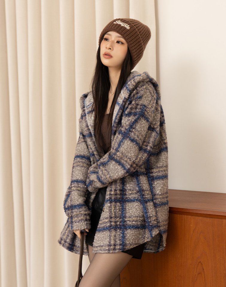 Teddy Fuzzy Plaid Hooded Jacket