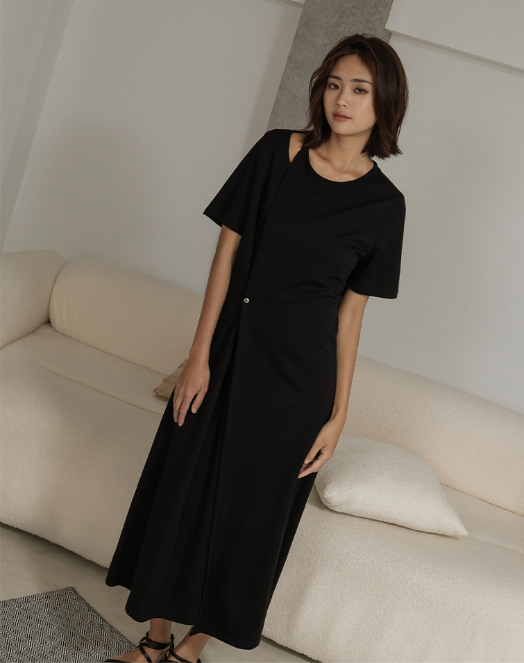 ROUND COLLAR SINGLE SHOULDER CUT OUT DRESS