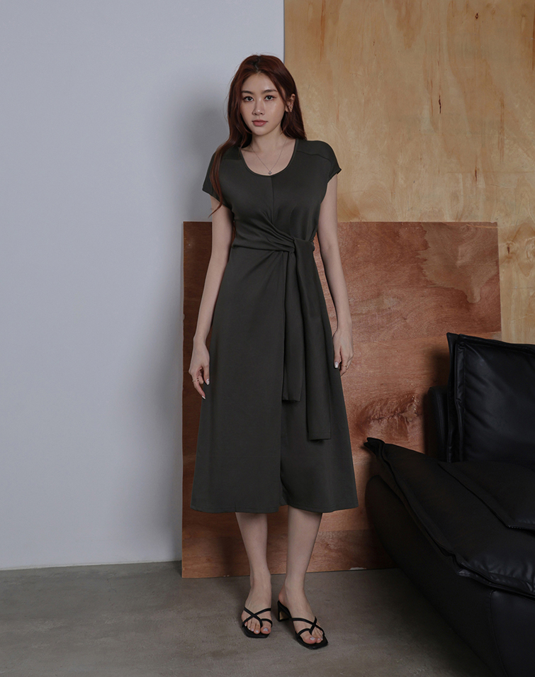 FRONT WAIST TIE DESIGN SPACE COTTON DRESS