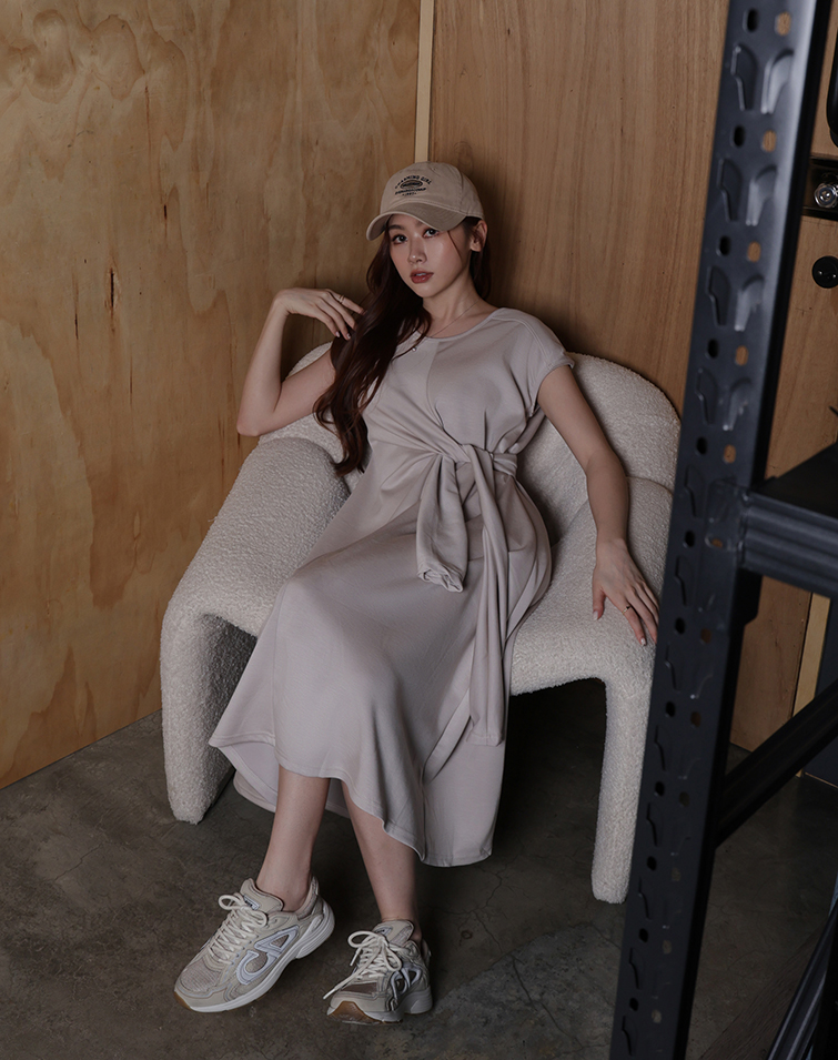 FRONT WAIST TIE DESIGN SPACE COTTON DRESS