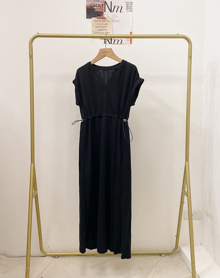 V-NECK CINCHED WAIST SPACEMAN COTTON DRESS