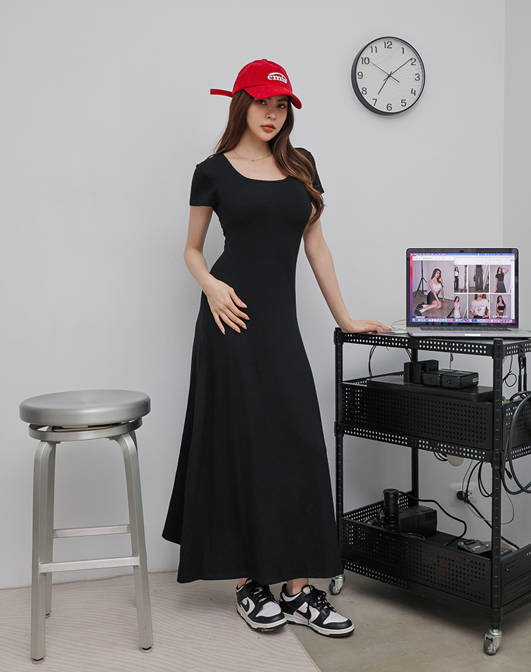 SOLID U-NECK COTTON BRATOP MAXI DRESS