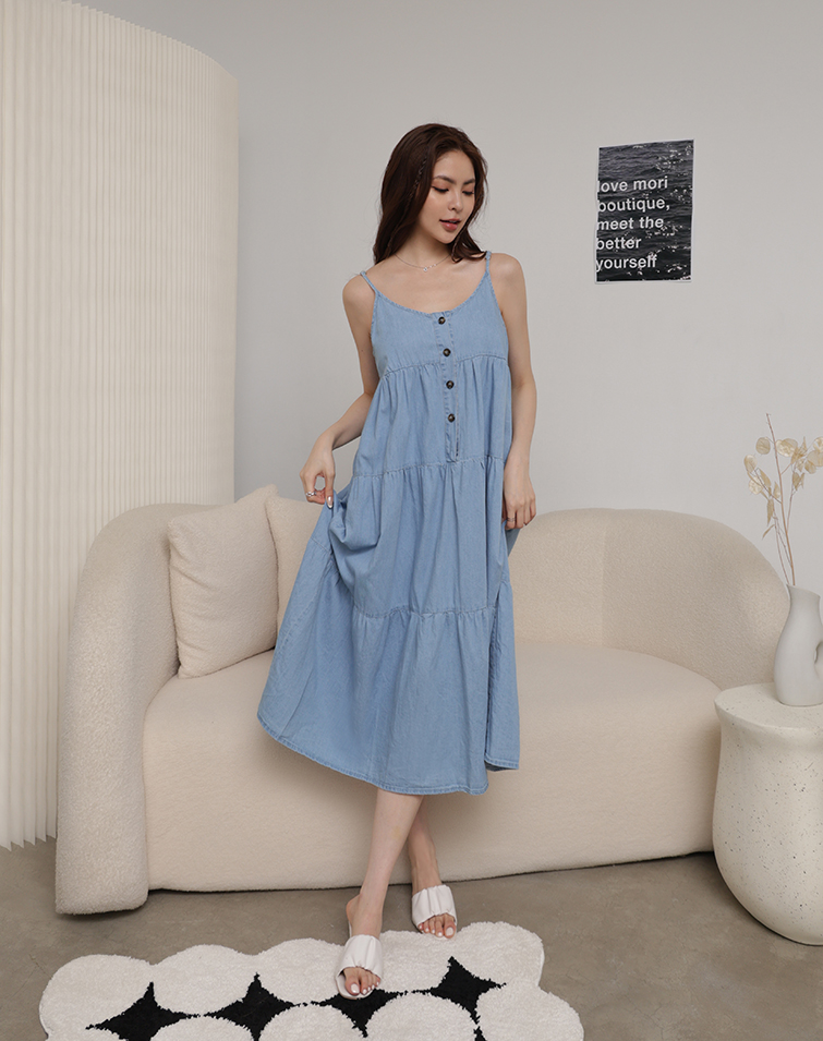 CASUAL LAYERED DENIM SUSPENDER TIERED SKIRT