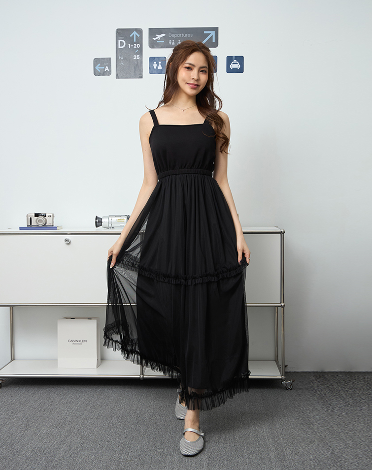 RUFFLE-DETAIL MESH LAYERED DRESS
