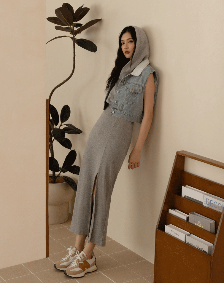 MIT CASUAL DRAWSTRING WAIST HOODED DRESS WITH SIDE SLIT