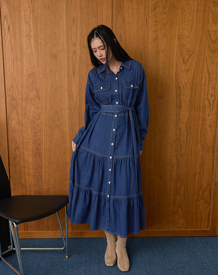 LAYERED TIE-WAIST WASHED DENIM DRESS